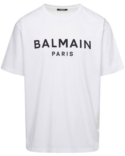 Balmain T-Shirt Girocollo Con Stama Lettering Logo A Contrasto - Bianco
