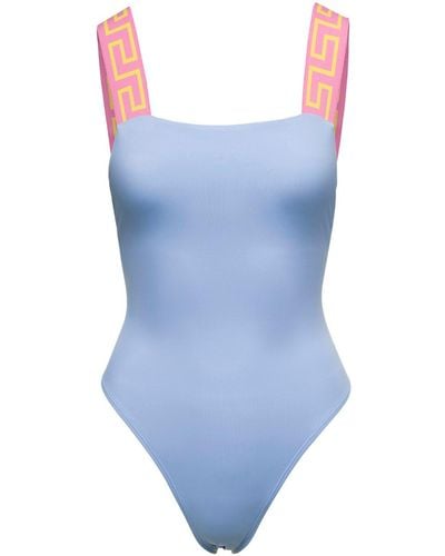 Versace Light One-Piece Swimsuit With Greca Motif On The Straps - Blue