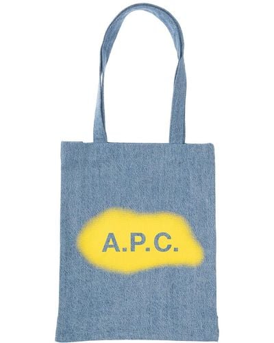 A.P.C. Light Blue Tote Bag With Yellow Logo Print In Cotton Denim Woman