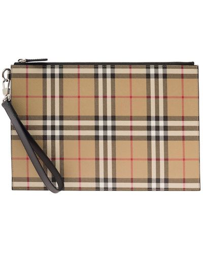 Burberry Pouch With Vintage Check Motif And Detachable Wrist Strap In Cotton Blend Man - Natural