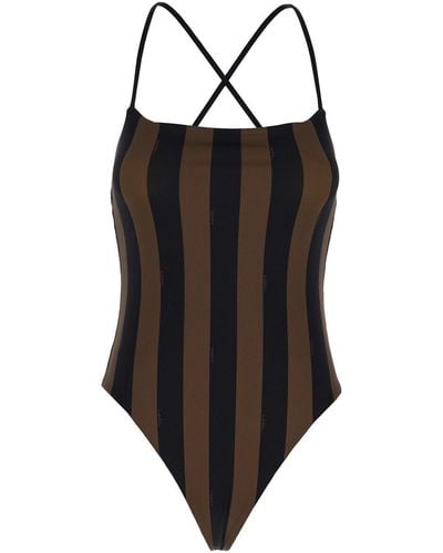 Fendi And One-Piece Swimsuit With Ff And Stripe Motif - Black