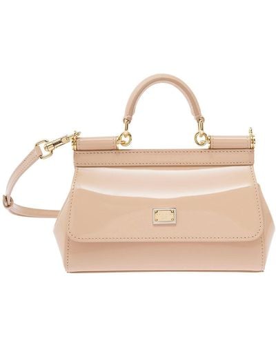 Dolce & Gabbana 'sicily' Beige Handbag With Logo Plaque In Patent Leather Woman - Natural