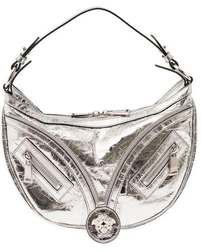 Versace 'hobo' Silver Hand Bag With Medusa Detail In Laminated Leather Woman - Metallic
