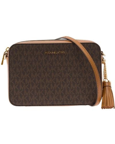 Michael Kors 'jet Set Medium' Brown Shoulder Bag With All-over Logo And Tassel In Canvas Woman