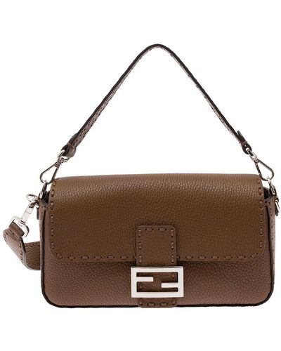 Fendi 'Baguette Medium' Handbag With Macro Stitchings - Brown