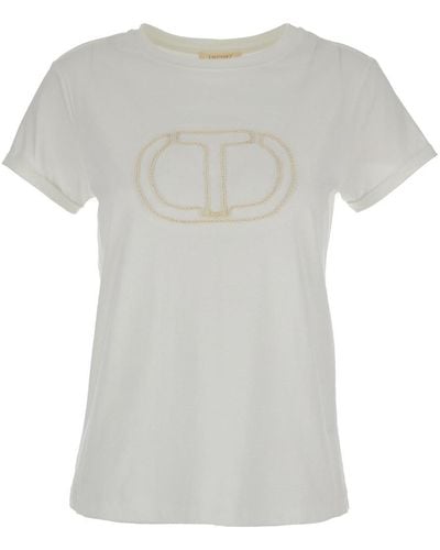 Twin Set T-Shirt Girocollo Con Logo Ricamato Bianca - Bianco