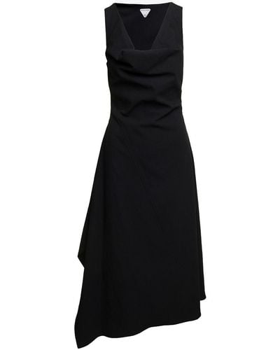 Bottega Veneta Mini Asymmetric Dress With Square And Draped Neck - Black