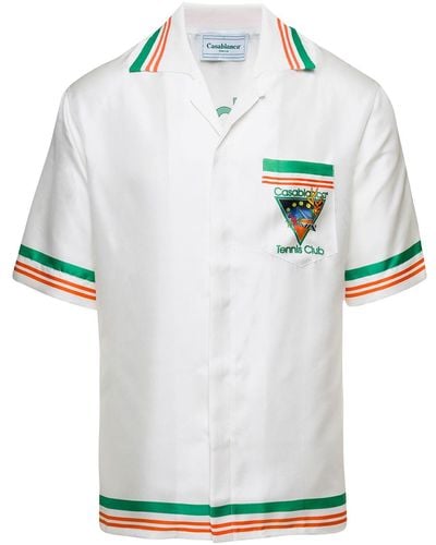 Casablancabrand Polo Shirt With Tennis Club Icon Print And Striped Trims In Silk Twill Man - White