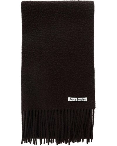 Acne Studios Scarf With Patch Logo And Fringed Hem In Wool - Black
