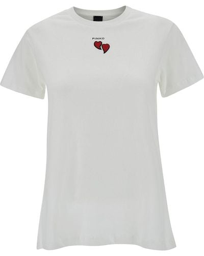 Pinko Crewneck T-Shirt With Logo And Heart Embroidery - White