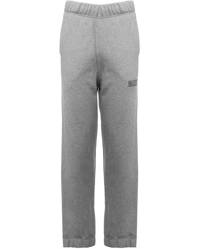 Ganni Fleece Cotton Joggers With Contrasting Logo Embroidery - Grey
