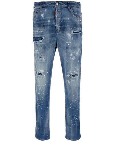 DSquared² 'cool Guy' Light Blue Five-pocket Jeans With Rips And Paint Stains In Stretch Cotton Denim Man