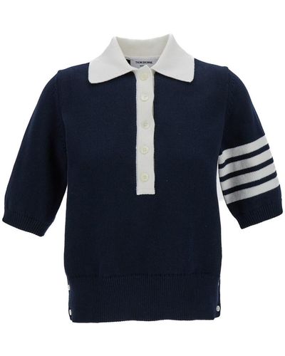 Thom Browne Polo Shirt With 4Bar Detail - Blue