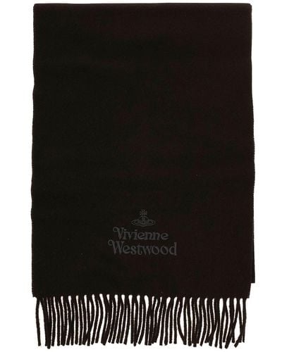Vivienne Westwood Black Scarf With Fringed And Tonal Logo Embroidery In Wool