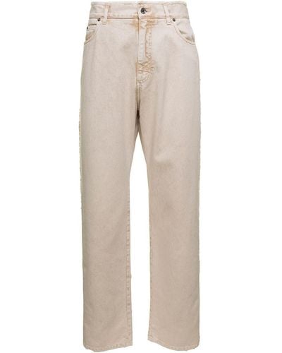 Dolce & Gabbana Cream Whie Wide-leg Jeans With Logo Plaque In Cotton Denim Man - Natural