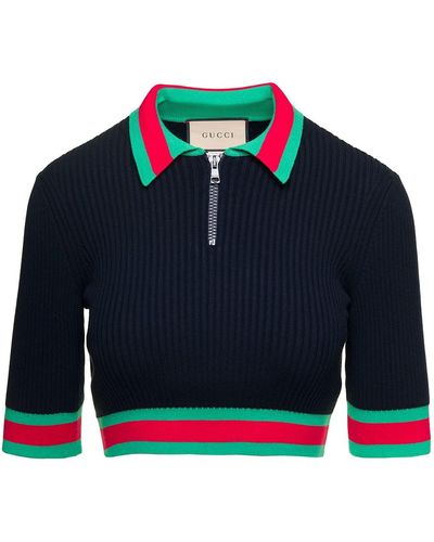 Gucci E Cropped Ribbed Polo Shirt With Web Detail In Viscose Woman - Blue