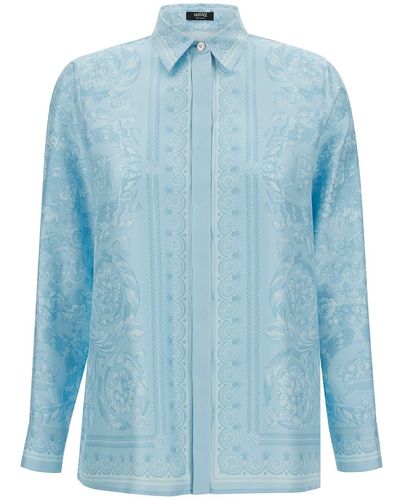 Versace Camicia con stampa barocco tono su tono in seta azzurro - Blu