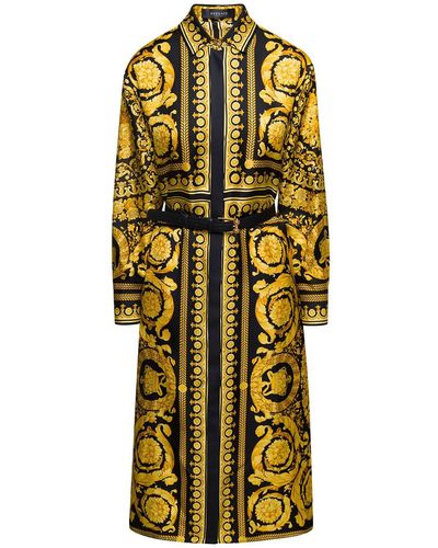 Versace Abito chemisier con stampa barocca all-over nero e oro in seta donna - Metallizzato