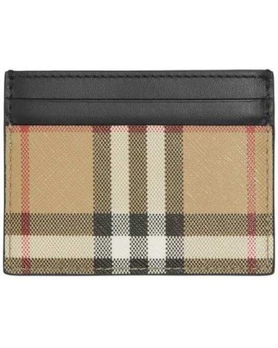 Burberry Brown Card Holder With Vintage Check Motif All-over In Leather And Cotton - White