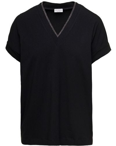 Brunello Cucinelli T-shirt con dettaglio monile e scollo a v in cotone stretch donna - Nero