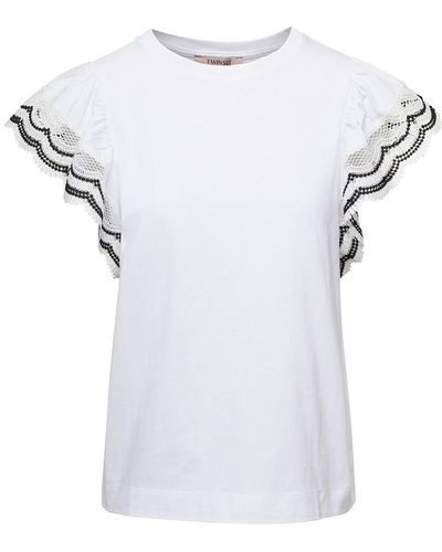 Twin Set White T-shirt With Cap Sleeves With Macramè Lace Trim In Cotton Woman