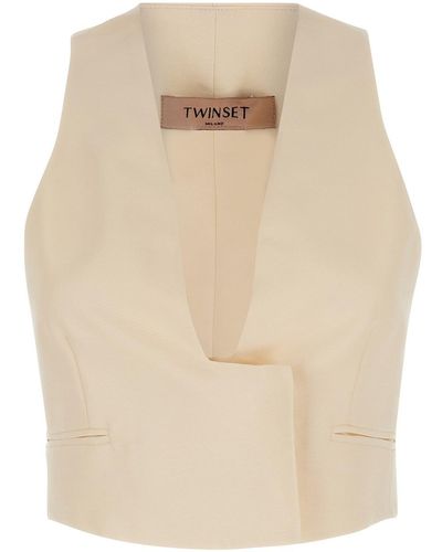 Twin Set Crop Vest With Concealed Closure - Natural