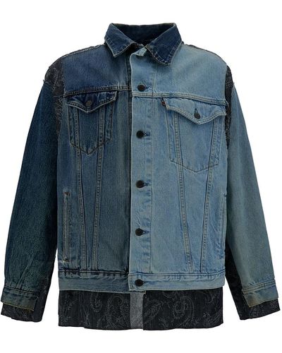 Needles Blue Patchwork Asymmetric Jacket In Cotton Denim Man