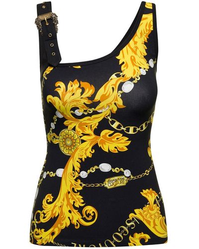 Versace Black And Yellow Top With Buckle Detail And Logo Print In Stretch Cotton Woman
