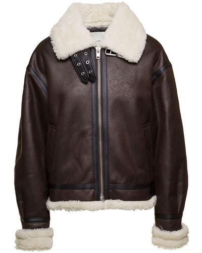 DUNST Loose Fit Jacket With White Shearling Trim In Faux Leather - Black