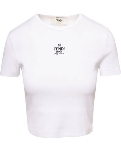 Fendi Ribbed Crop T-Shirt With Logo Embroidery - White