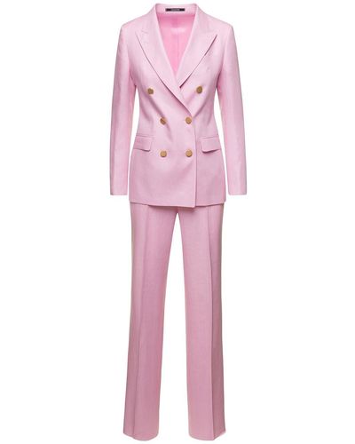 Tagliatore 'parigi' Double-breasted Suit With Gold-tone Buttons In Linen Woman - Pink