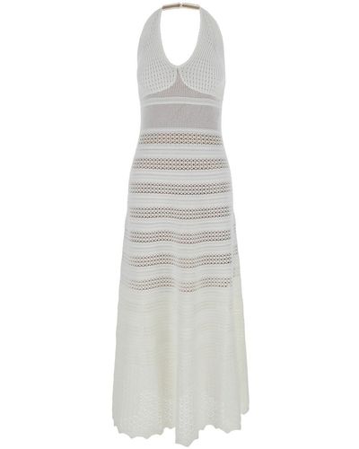 Twin Set Long Perforated Dress With Halterneck - White