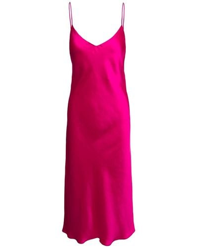 Plain Midi Fuchsia Slip Dress With Spaghetti Straps - Pink