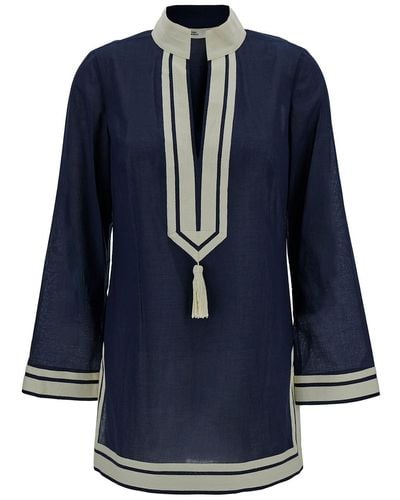 Tory Burch E Tunic With Contrasting Details And Tassel In Cotton - Blue