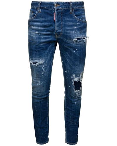 DSquared² 'skater' Light Blue Five-pocket Jeans With Rips And Bleach Effect In Stretch Cotton Denim Man