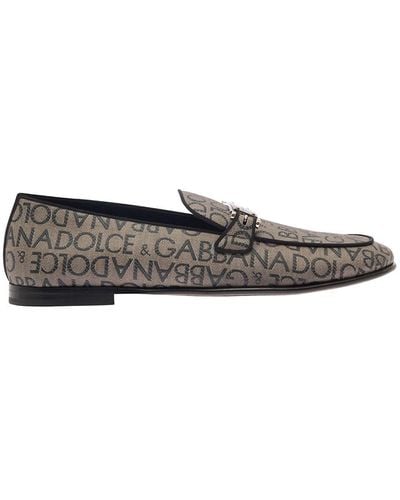 Dolce & Gabbana 'ariosto' Beige Loafers With Logo Plaque In Coated Canvas Man - White