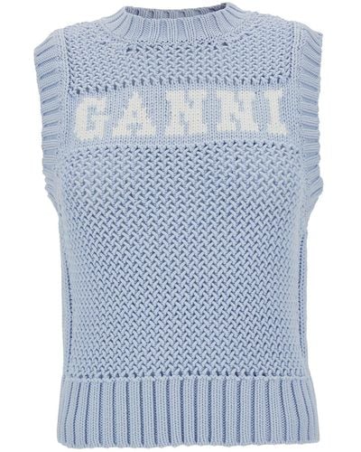 Ganni Gilet A Maglia Con Logo A Intarsio - Blu