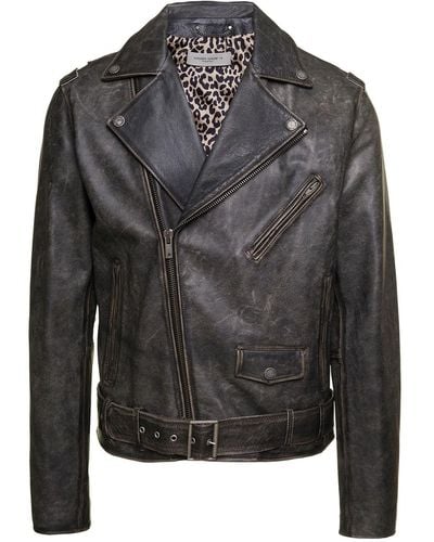 Golden Goose Biker Jacket With Leopard Lining Leather - Black