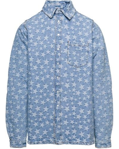 ERL Light Long Sleeve Shirt With All-over Star Print In Cotton Denim - Blue