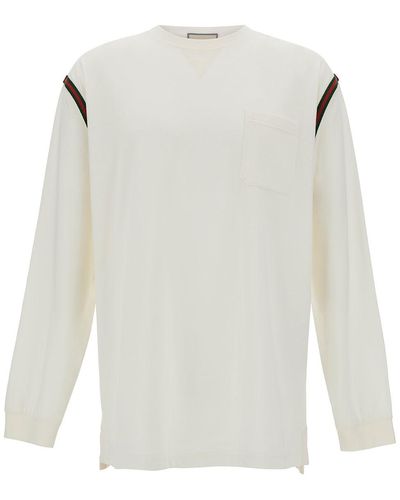 Gucci T-Shirt A Maniche Lunghe Con Dettaglio Web E Logo - Bianco