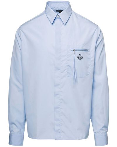 Fendi Light Short Sleeved Shirt With Logo Print And Zip - Blue