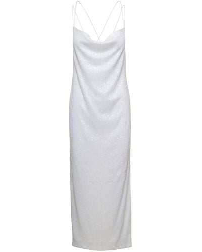 ROTATE BIRGER CHRISTENSEN Maxi Dress With Draped Neckline And All-Over Paillettes I - White