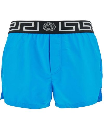 Versace Light Swim Shorts With Greca Branded Band - Blue