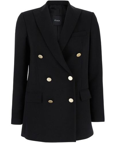 Plain Double-Breasted Jacket With Golden Buttons - Black