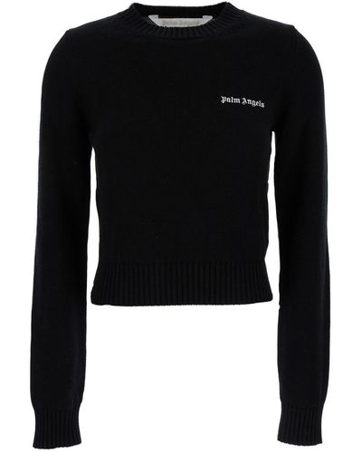 Palm Angels Crewneck Sweater With Emboridered Logo - Black