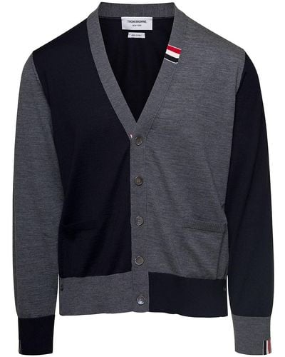 Thom Browne Fun Mix Jersey Stitch Relaxed Fit V Neck Cardigan - Blue
