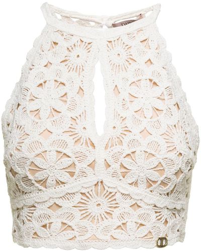 Twin Set Top With Crochet Work - White