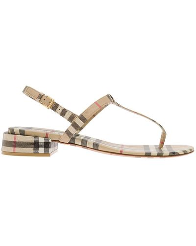 Burberry Sandals With Vintage Check Motif And Short Heel In Canvas Woman - Natural