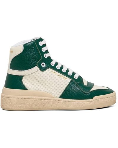 Saint Laurent And White Leather Mid Top Sl24 Trainers - Green