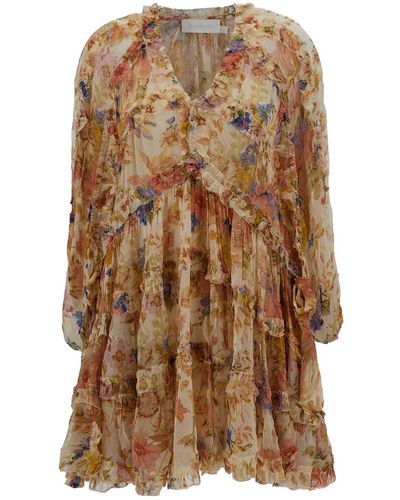 Zimmermann 'august' Mini Multicolor Frill Dress With Floreal Print In Viscose Woman - Brown